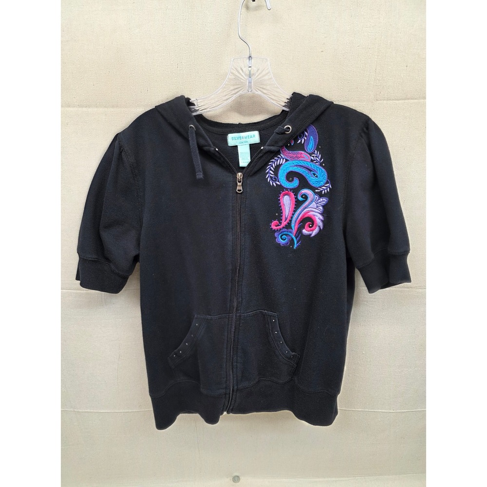 Silverwear New York Women Black Short Sleeve Zip Up Hoodie Paisley Embroidered L